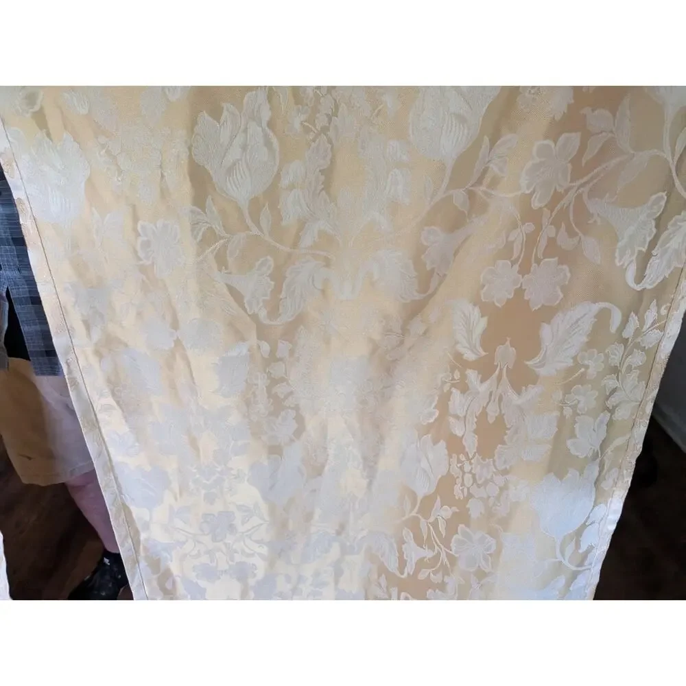 GOLD & Cream DAMASK CURTAIN PANELS ATTACHED TASSLE VALANCE TIE BACKS 85 X 54